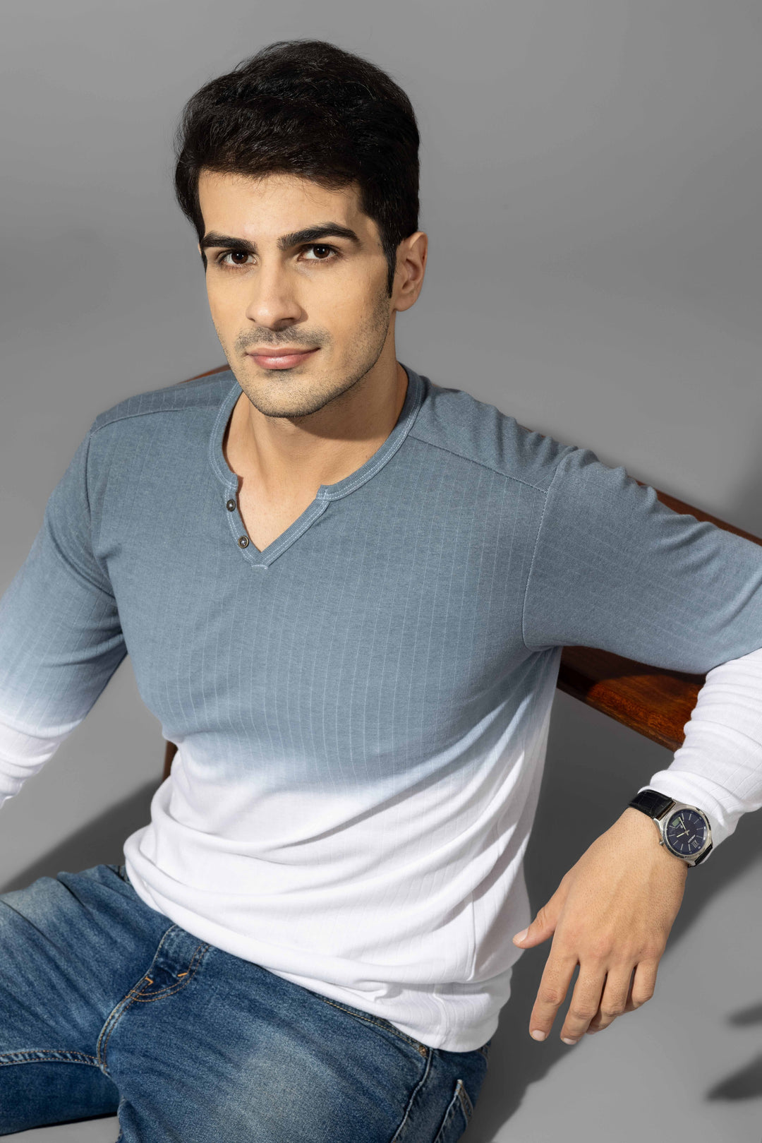 Blue Omber Drop Needle Henley T-Shirt