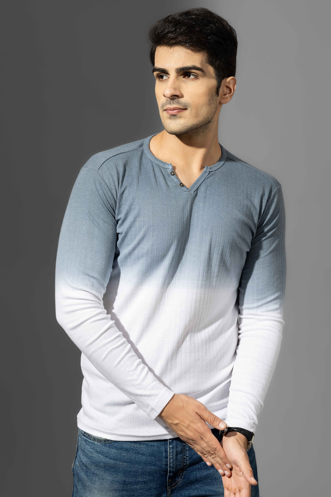 Blue Omber Drop Needle Henley T-Shirt