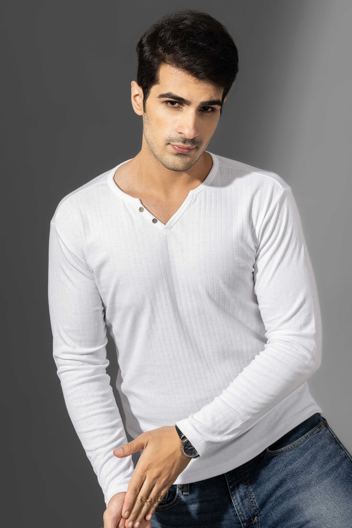 White Self Design Drop needle Henley T-Shirt