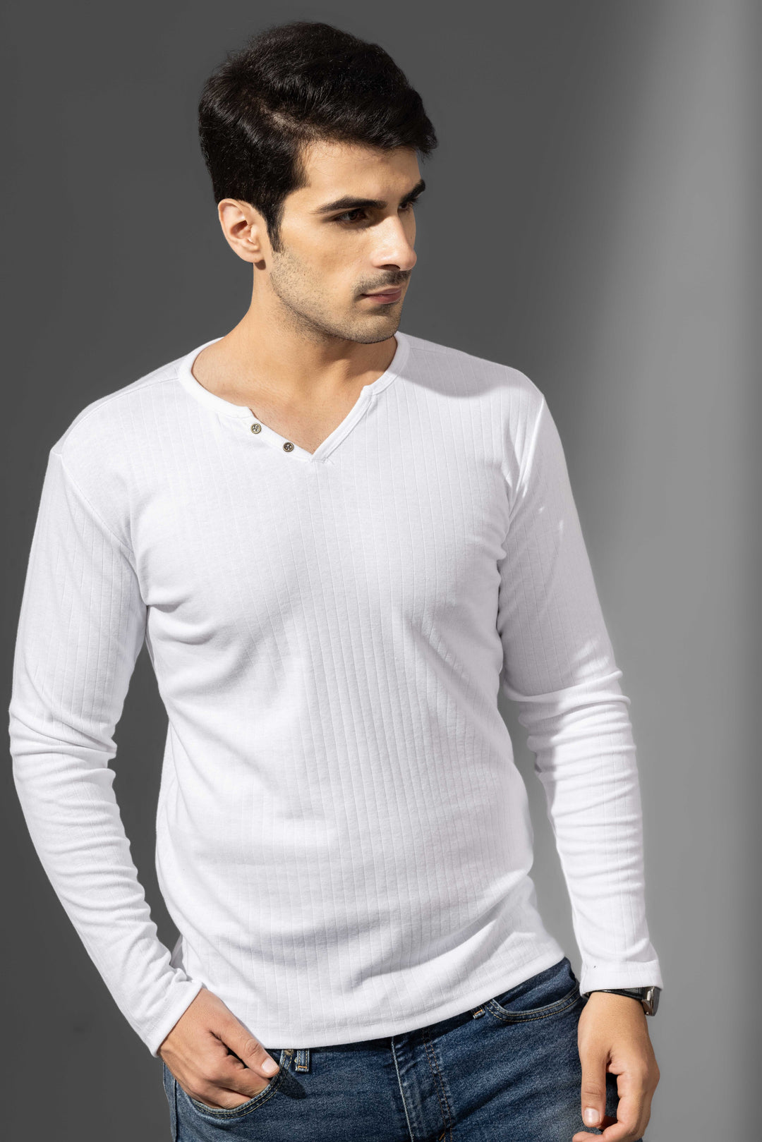 White Self Design Drop needle Henley T-Shirt
