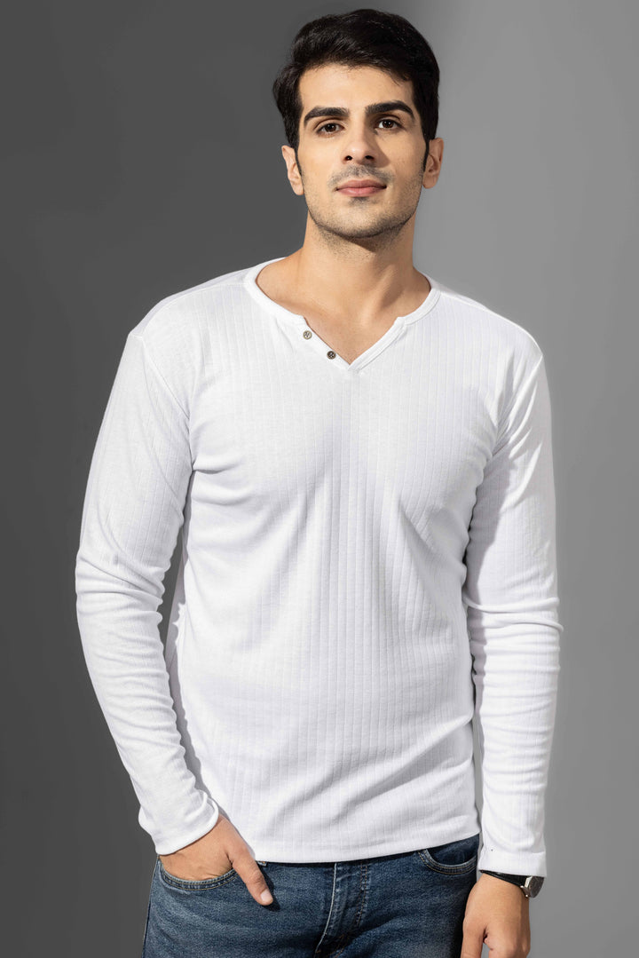 White Self Design Drop needle Henley T-Shirt