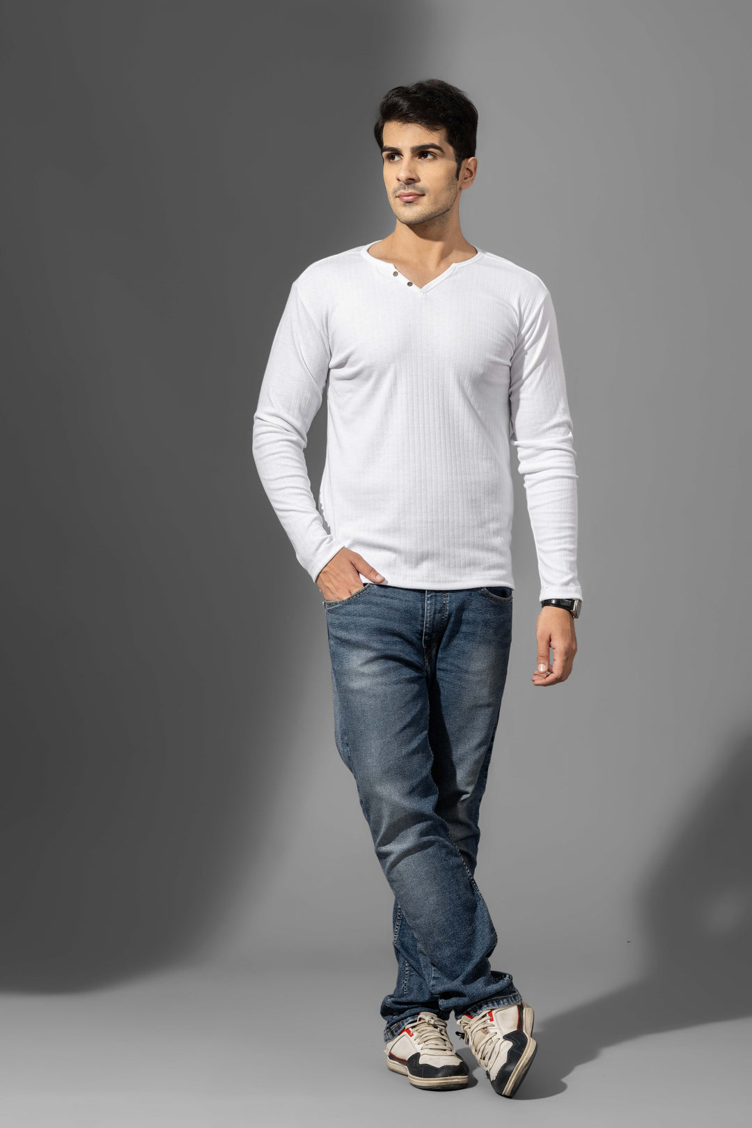 White Self Design Drop needle Henley T-Shirt