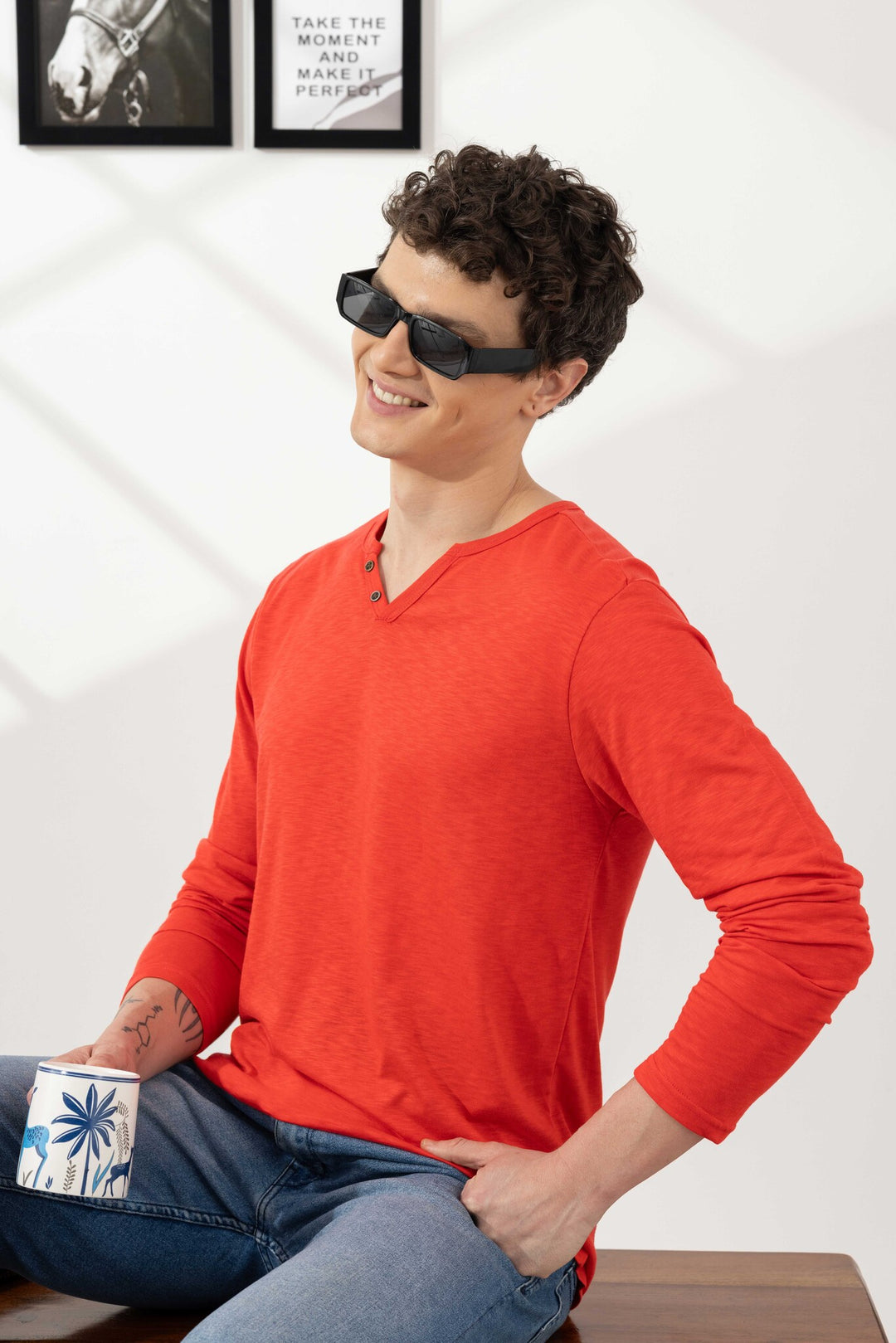 Orange Cotton Slub Open Henley T-Shirt