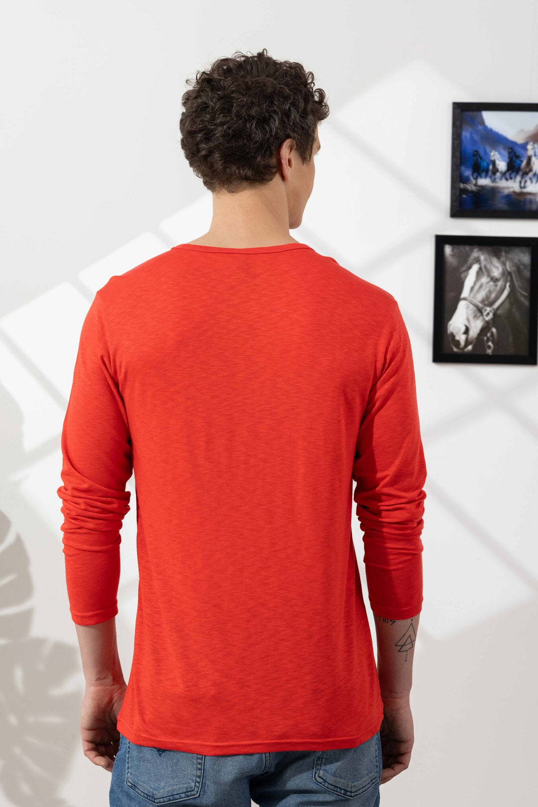 Orange Cotton Slub Open Henley T-Shirt