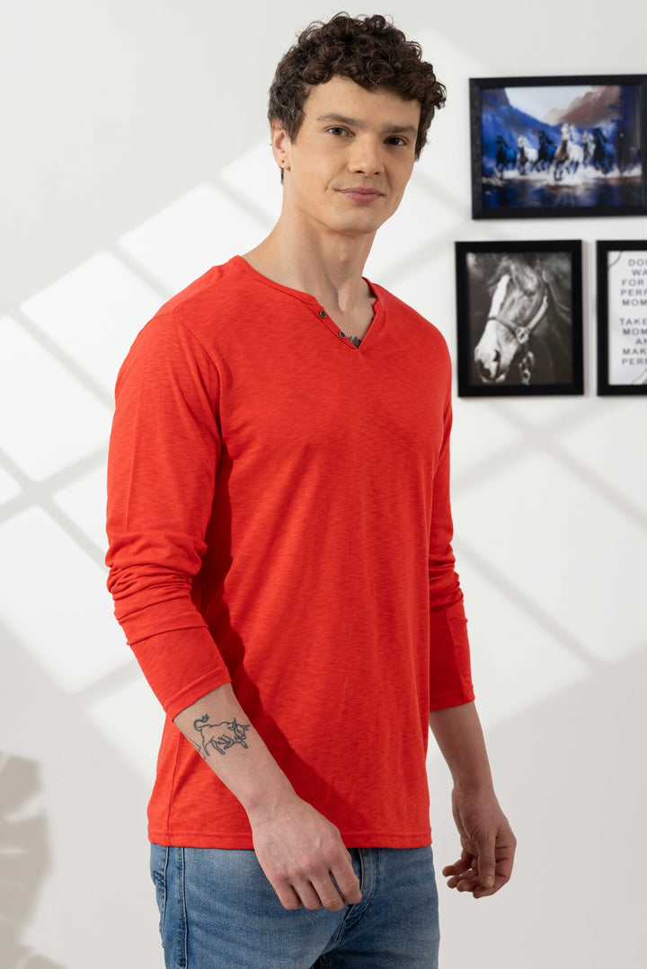Orange Cotton Slub Open Henley T-Shirt