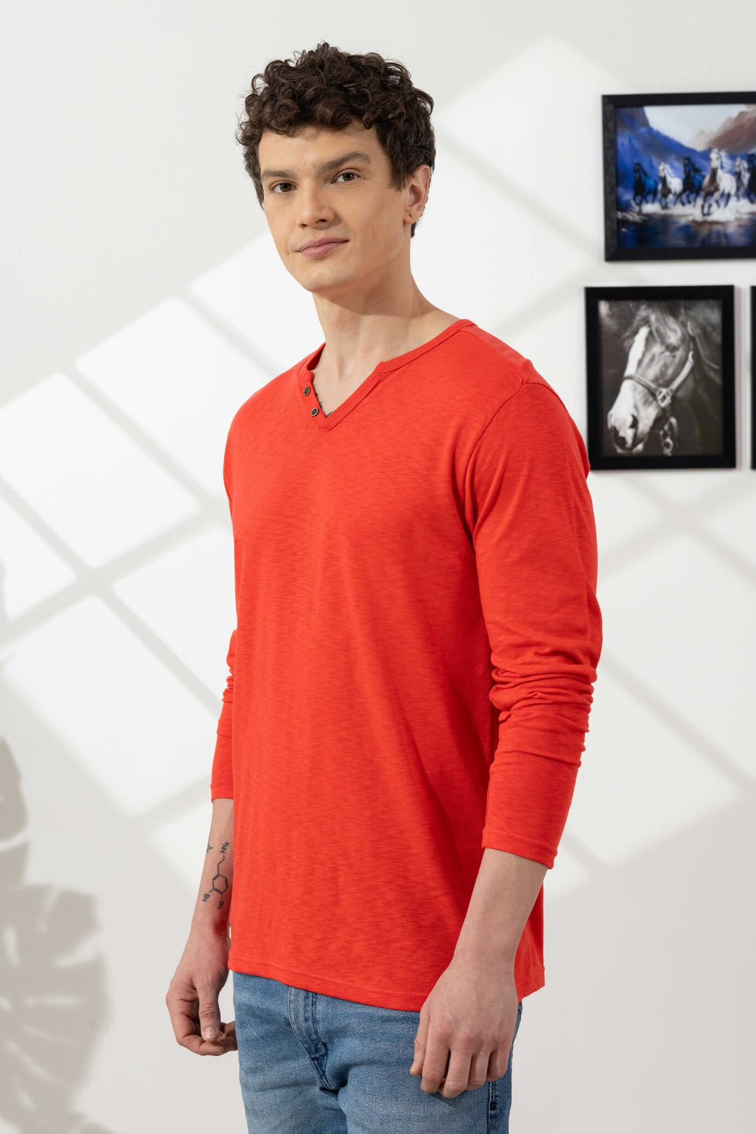 Orange Cotton Slub Open Henley T-Shirt