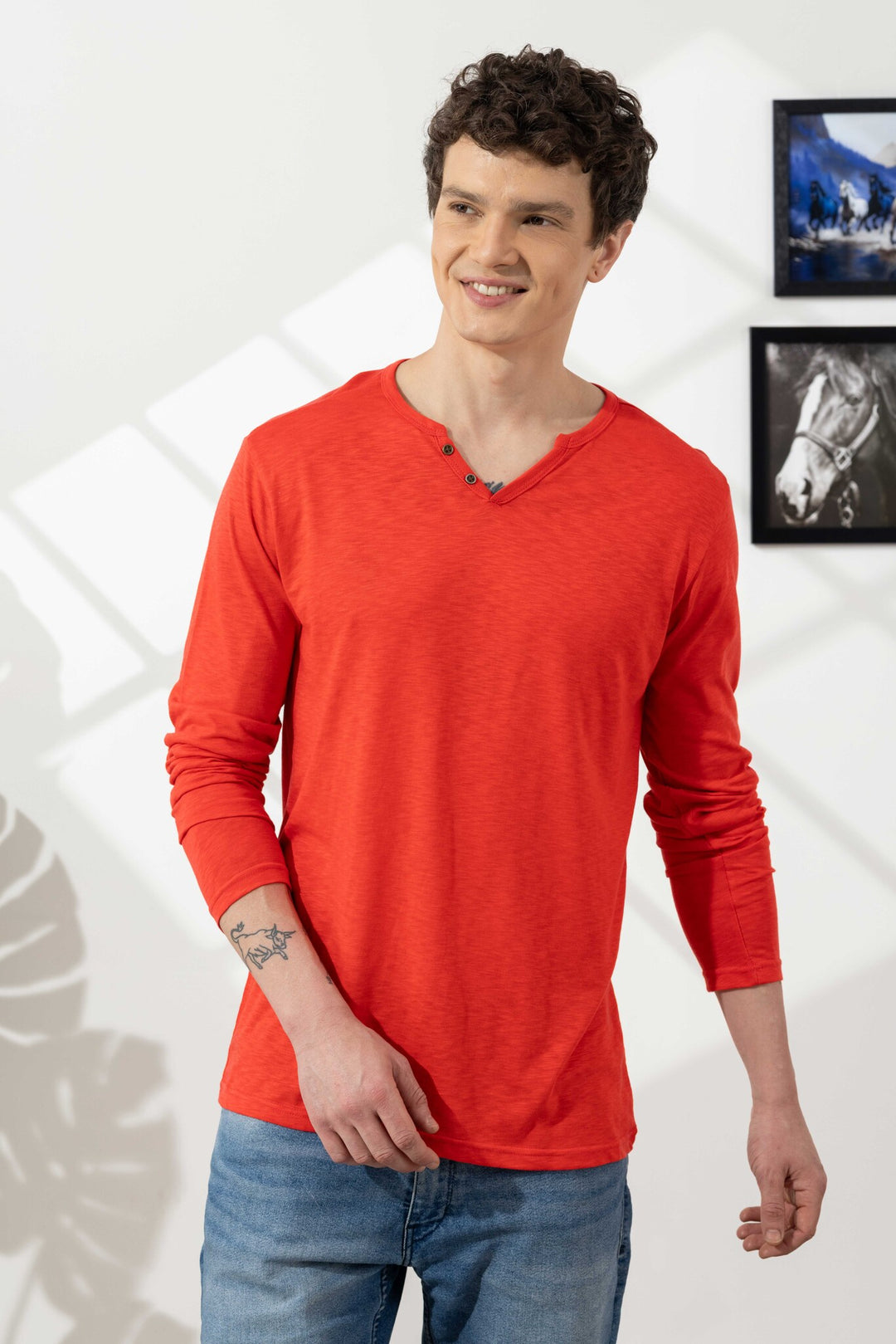 Orange Cotton Slub Open Henley T-Shirt