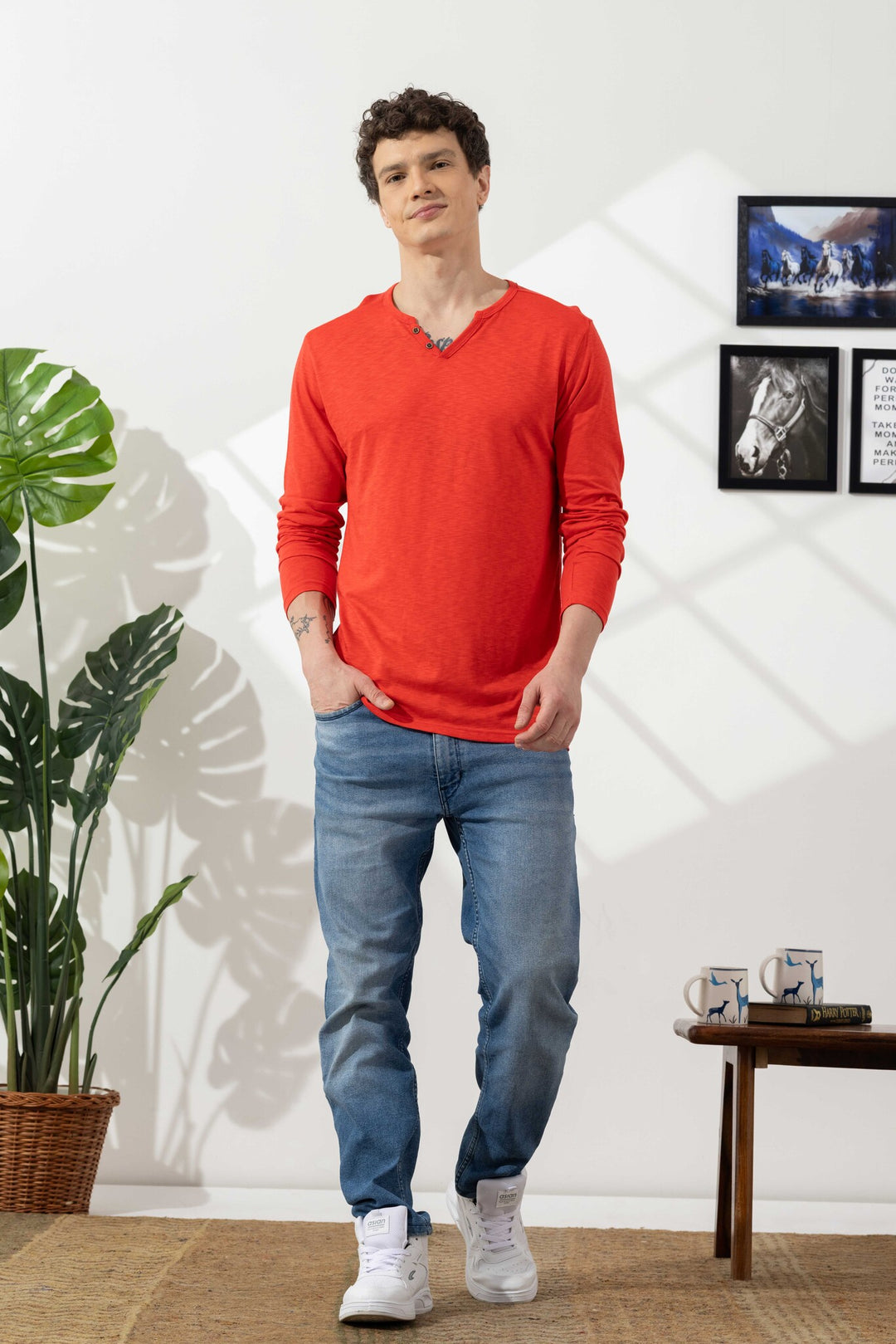 Orange Cotton Slub Open Henley T-Shirt