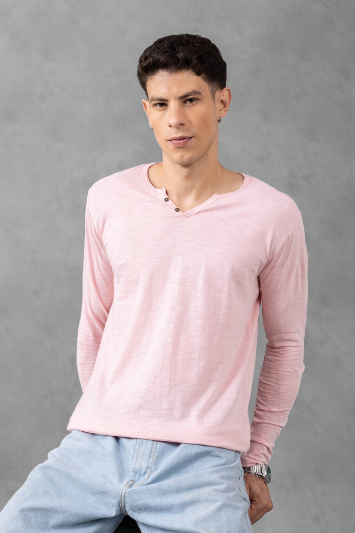 Pink Full Sleeve Open Slub Henley T-Shirt