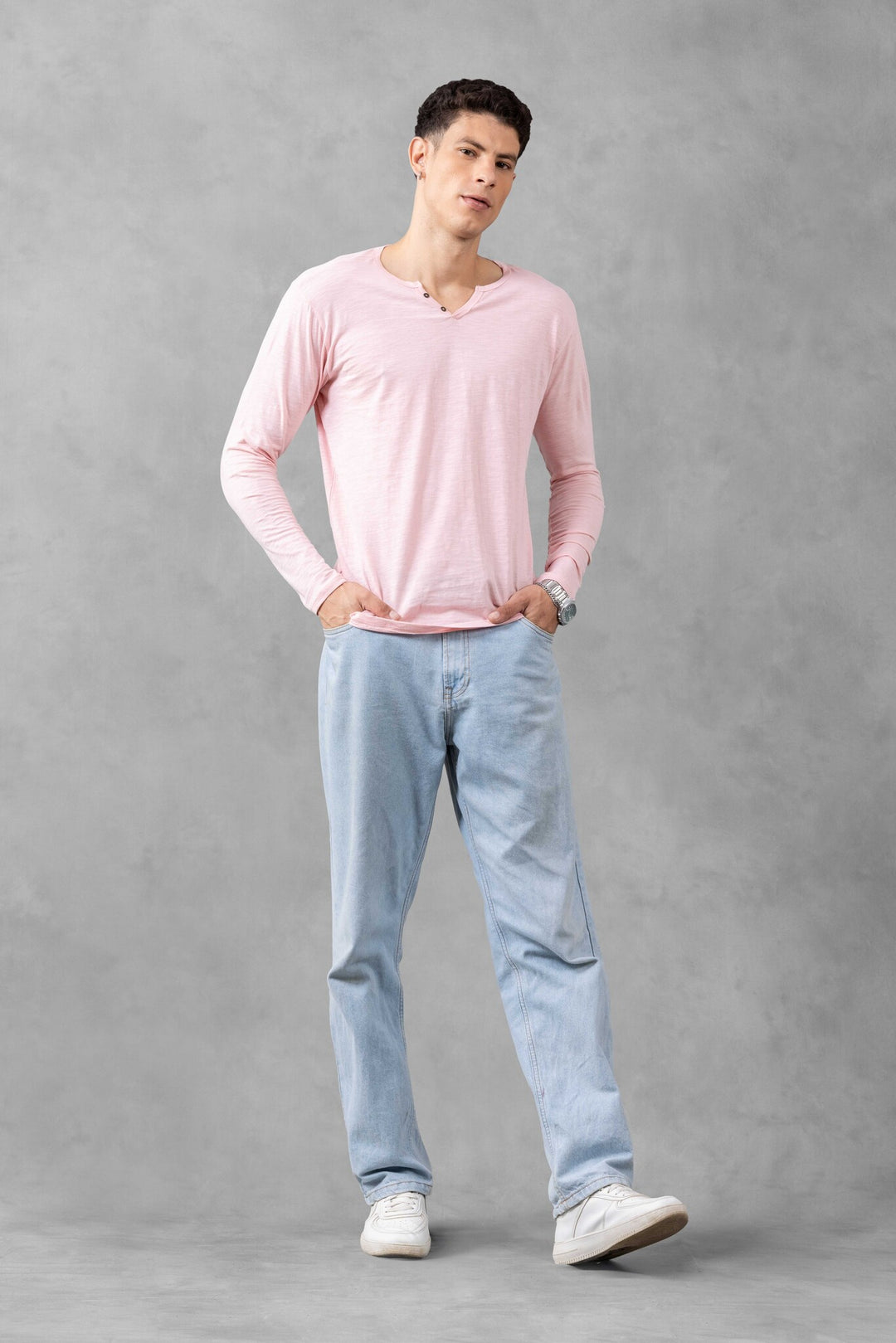 Pink Full Sleeve Open Slub Henley T-Shirt
