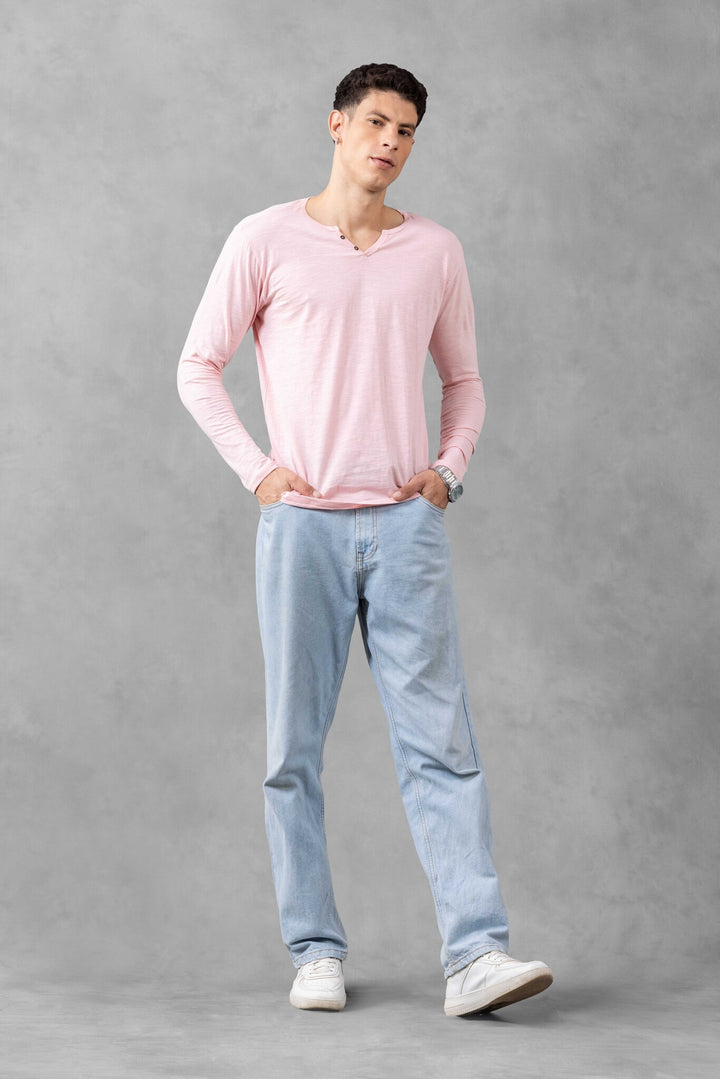 Pink Full Sleeve Open Slub Henley T-Shirt