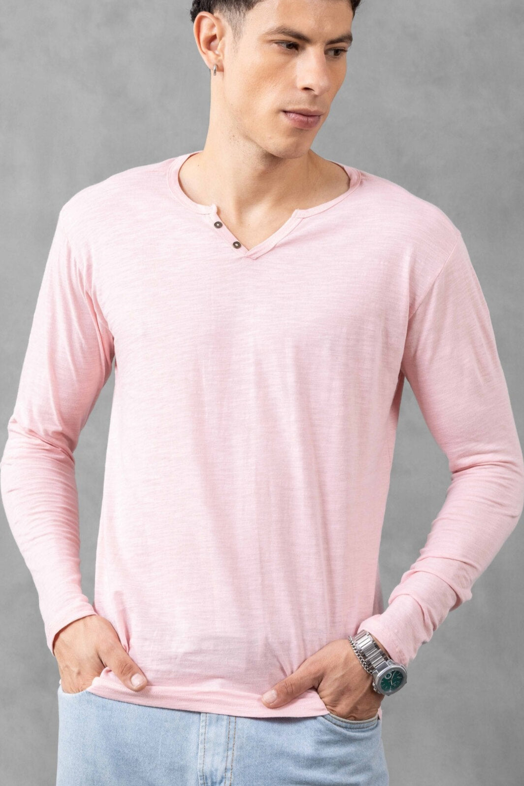 Pink Full Sleeve Open Slub Henley T-Shirt