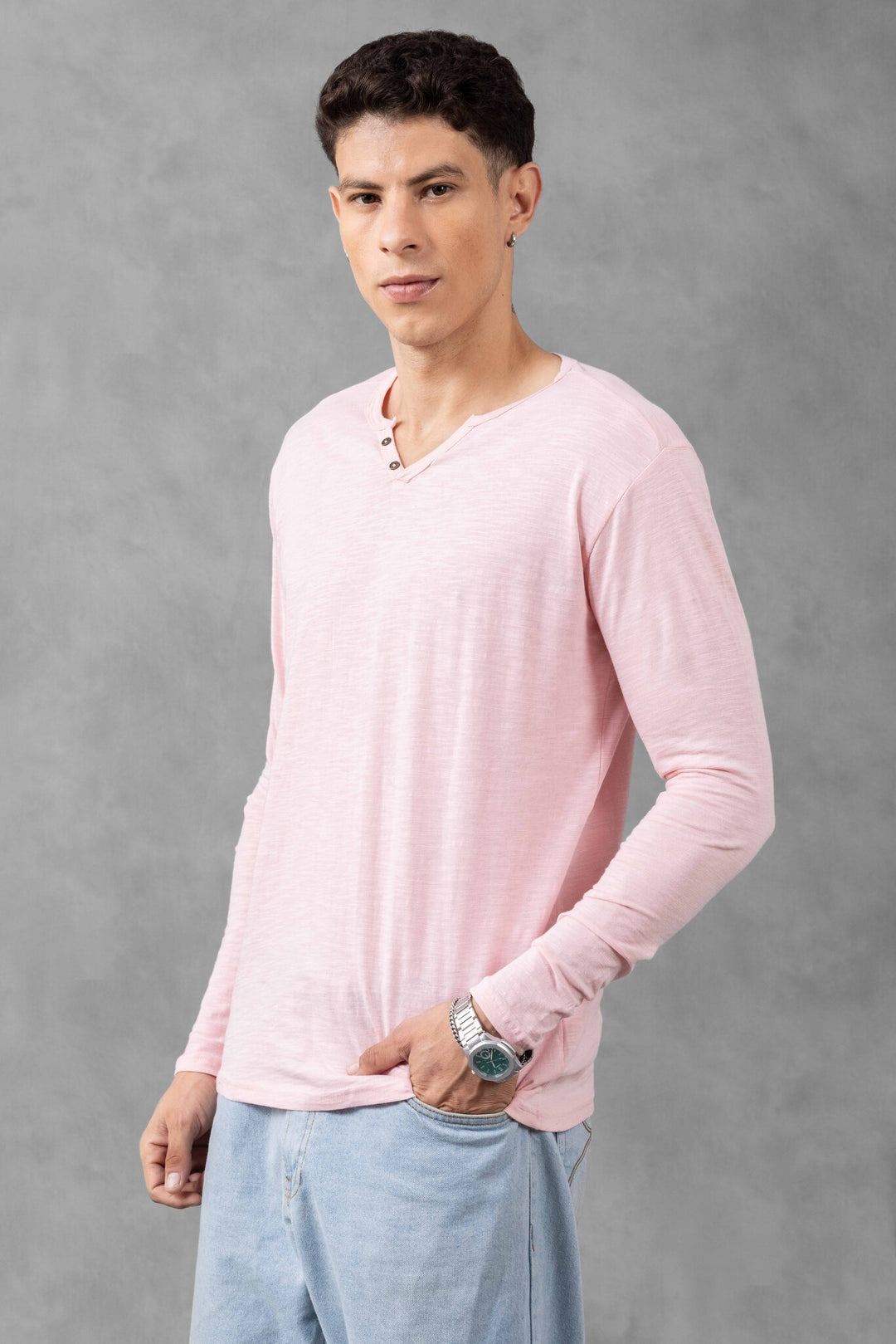 Pink Full Sleeve Open Slub Henley T-Shirt