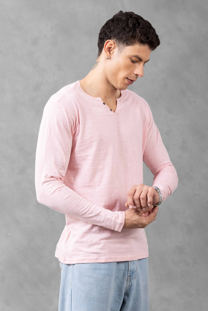 Pink Full Sleeve Open Slub Henley T-Shirt