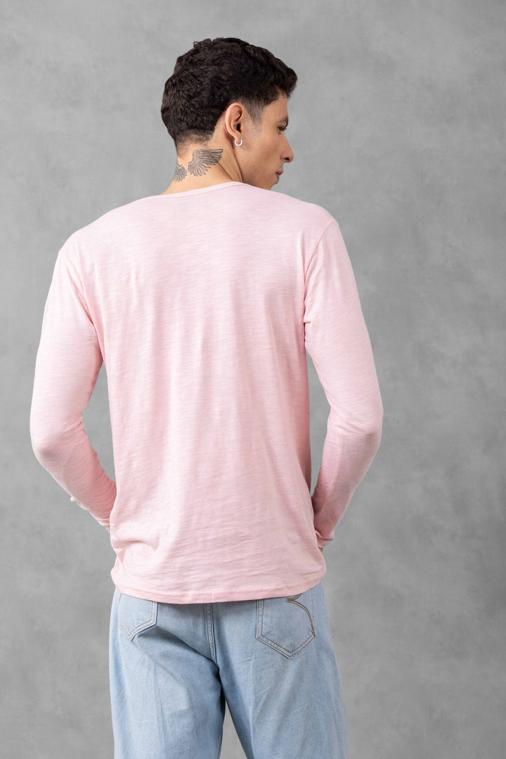 Pink Full Sleeve Open Slub Henley T-Shirt