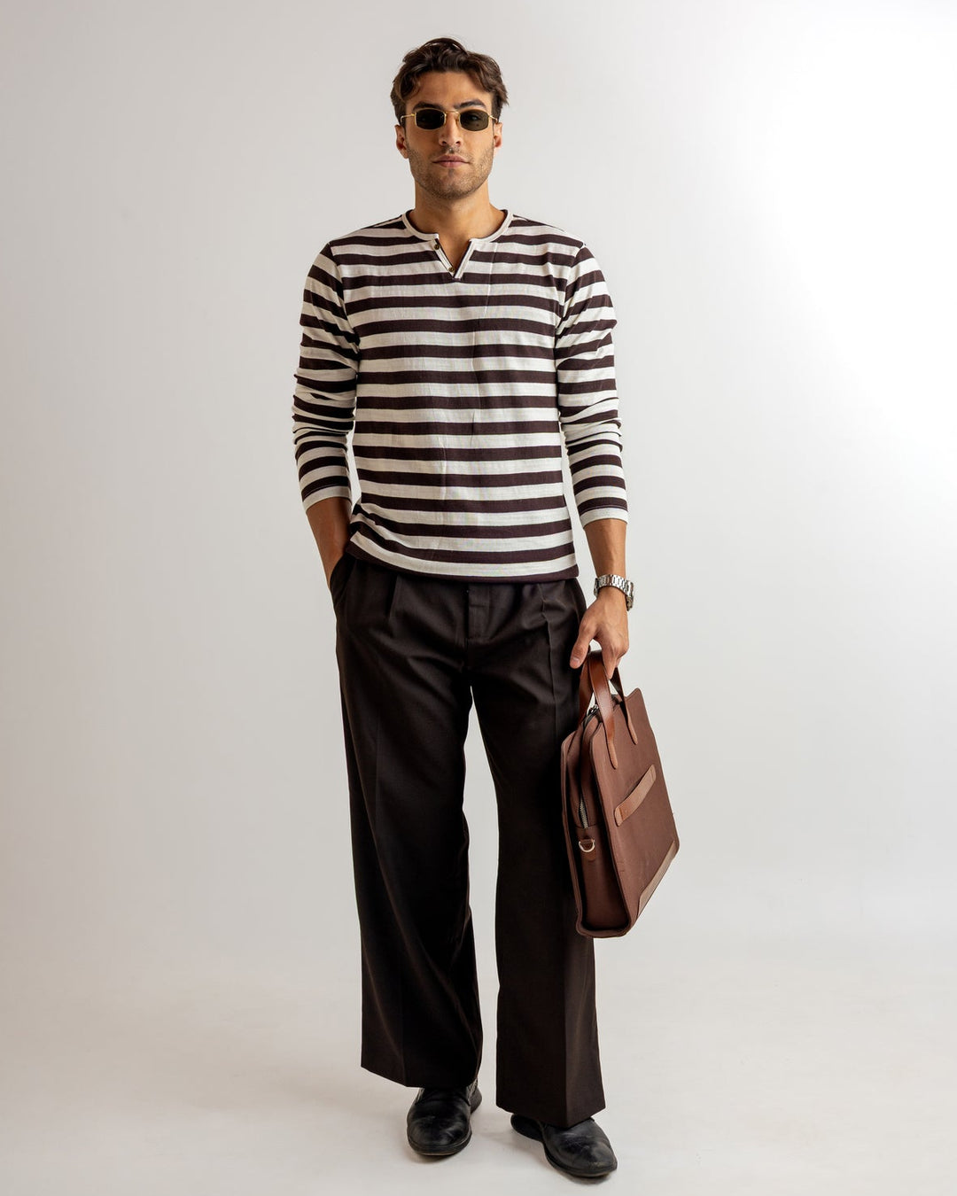 White Brown Self Design Open Henley T-Shirt