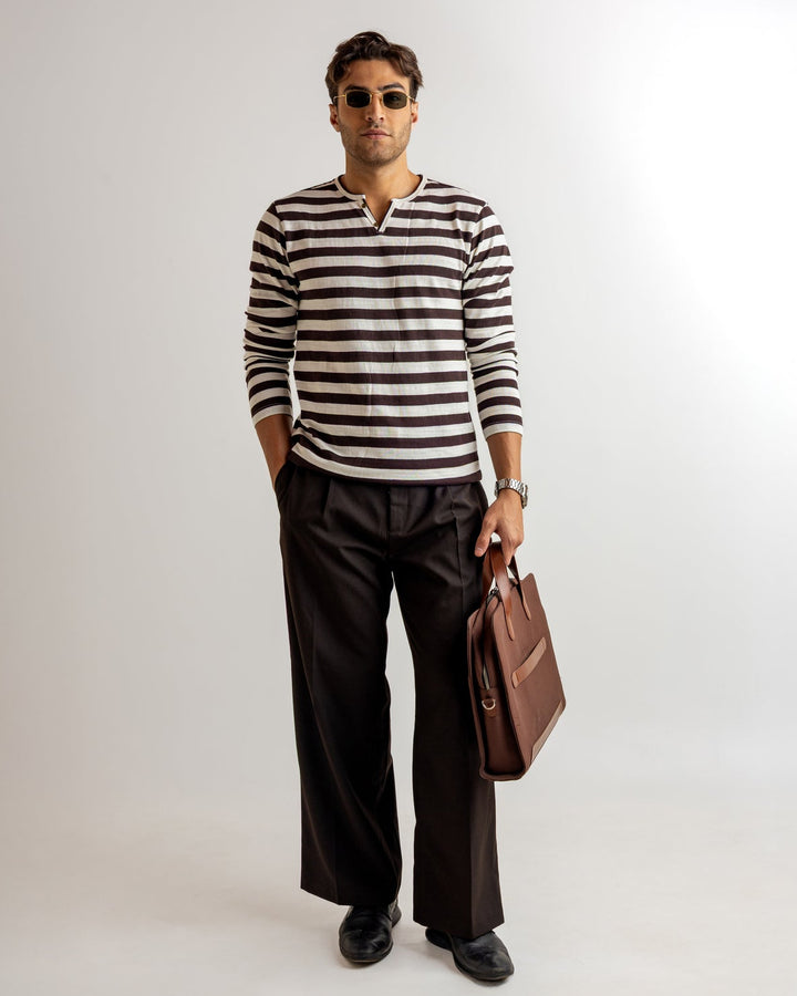 White Brown Self Design Open Henley T-Shirt