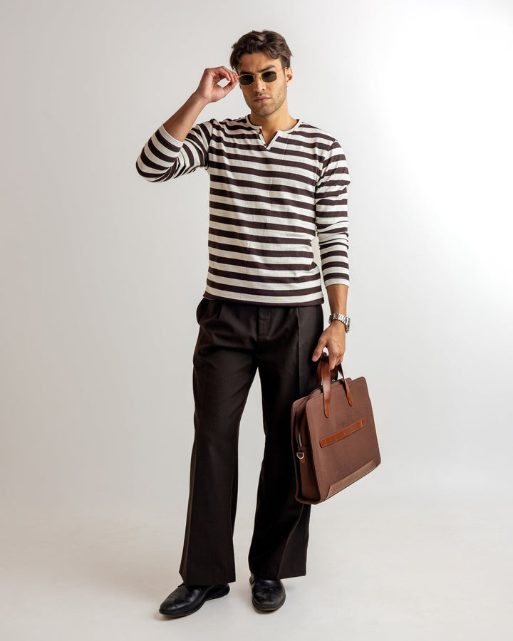 White Brown Self Design Open Henley T-Shirt