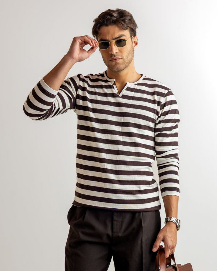 White Brown Self Design Open Henley T-Shirt
