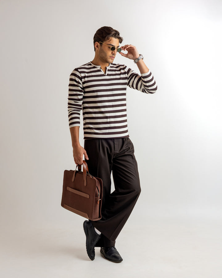White Brown Self Design Open Henley T-Shirt