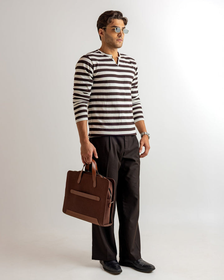 White Brown Self Design Open Henley T-Shirt