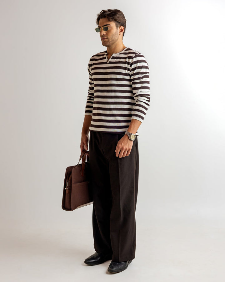 White Brown Self Design Open Henley T-Shirt