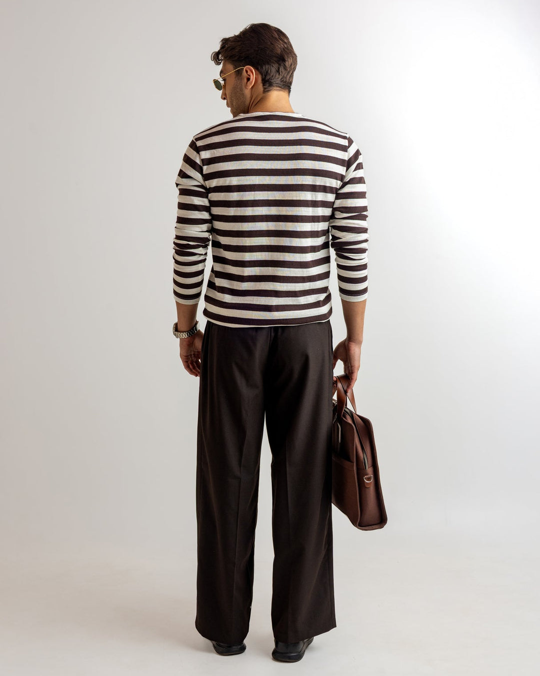 White Brown Self Design Open Henley T-Shirt