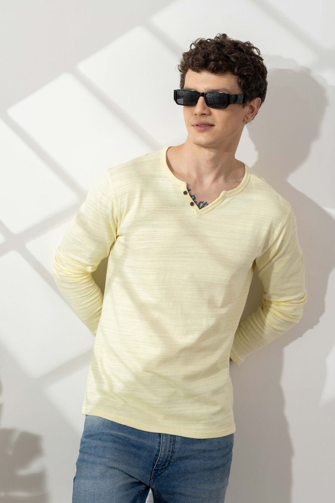 Yellow Cotton Slub Open Henley T-Shirt