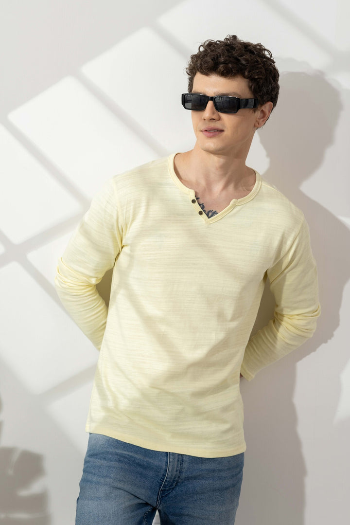 Yellow Cotton Slub Open Henley T-Shirt