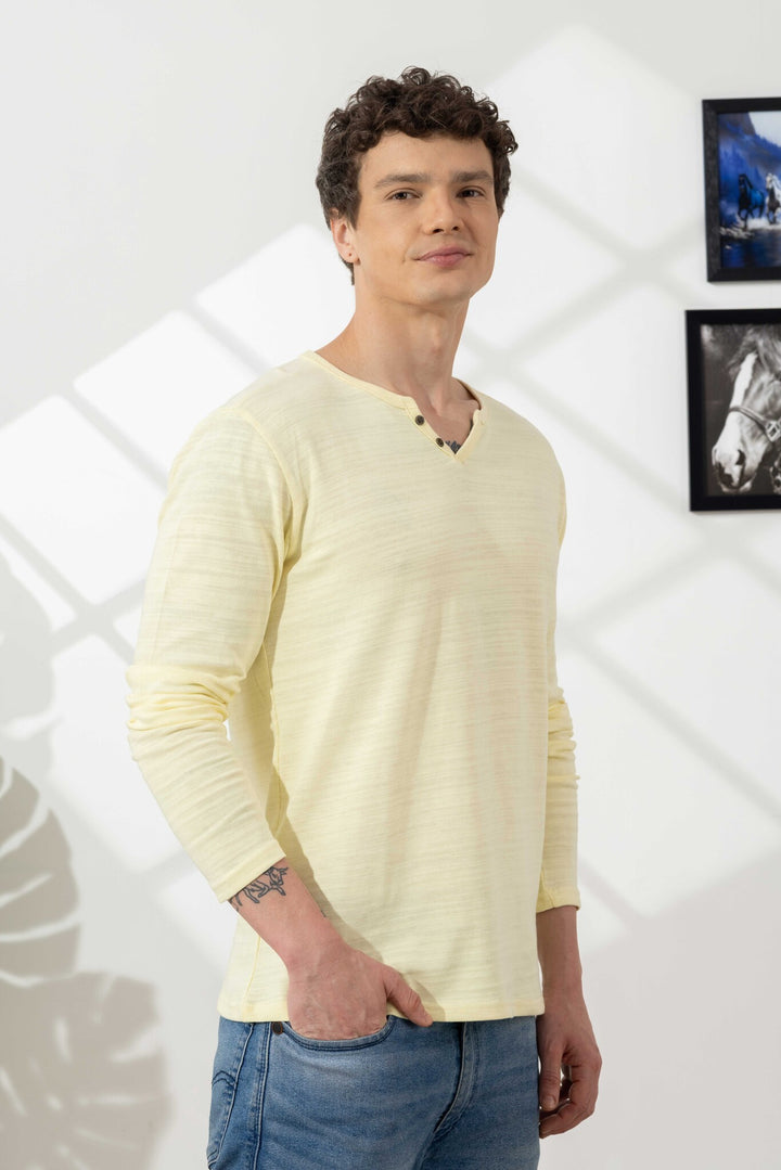 Yellow Cotton Slub Open Henley T-Shirt