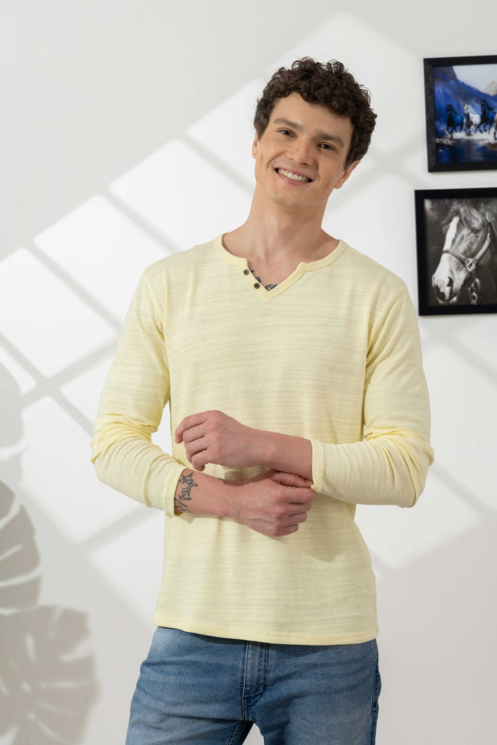 Yellow Cotton Slub Open Henley T-Shirt