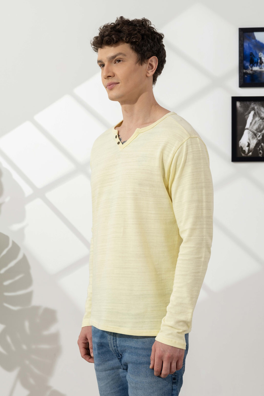 Yellow Cotton Slub Open Henley T-Shirt