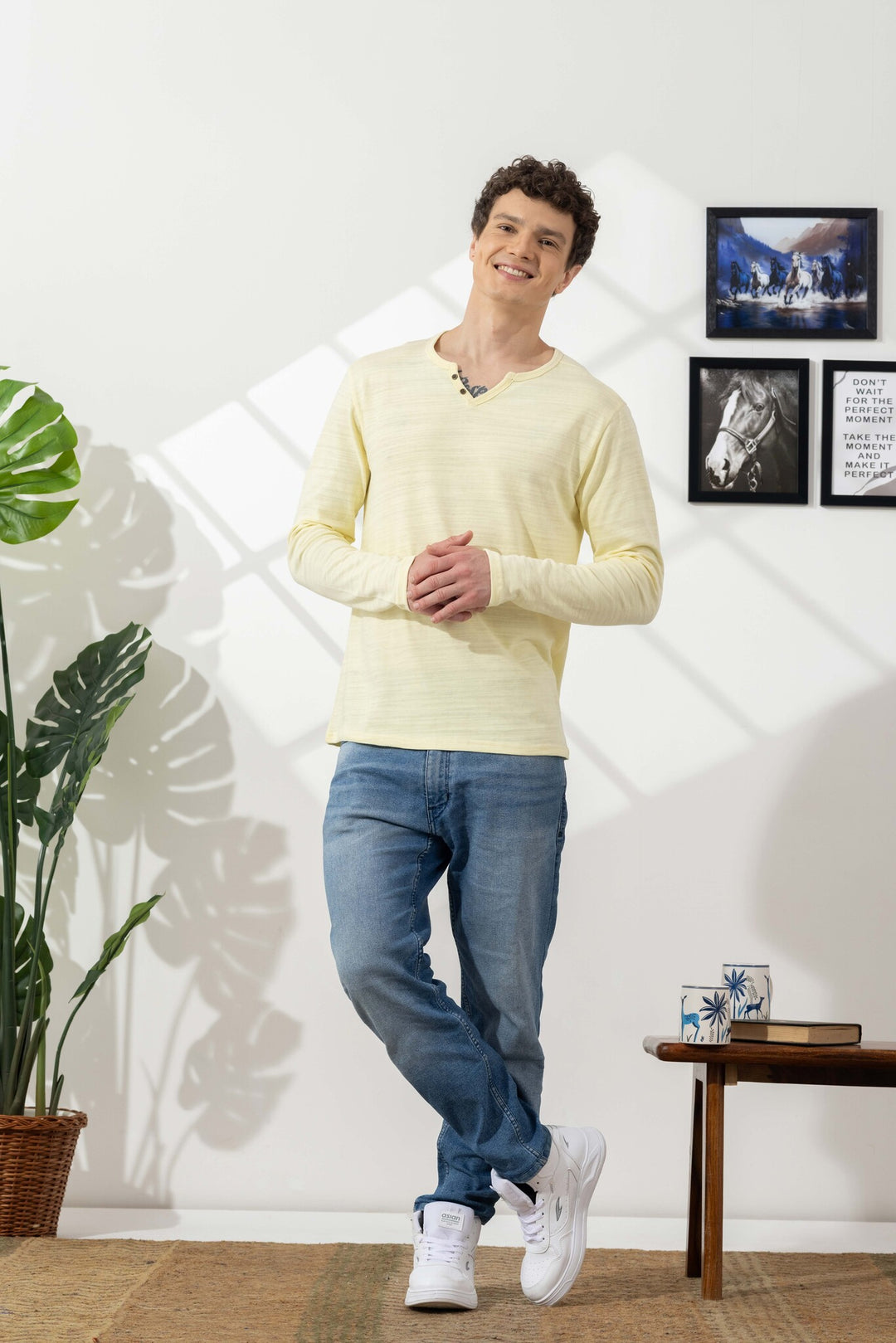 Yellow Cotton Slub Open Henley T-Shirt