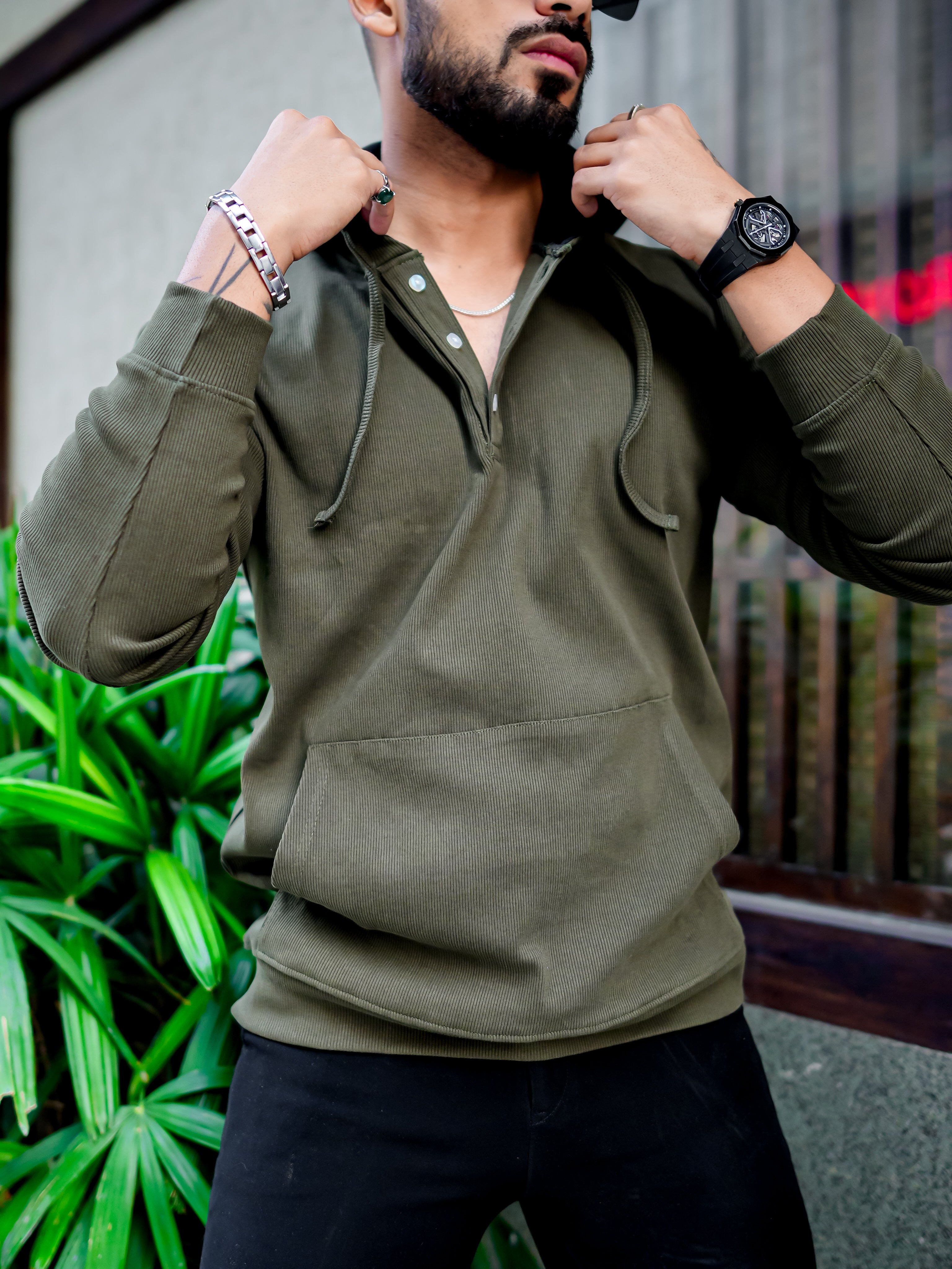 Gritstones Men Olive Hooded Sweatshirt