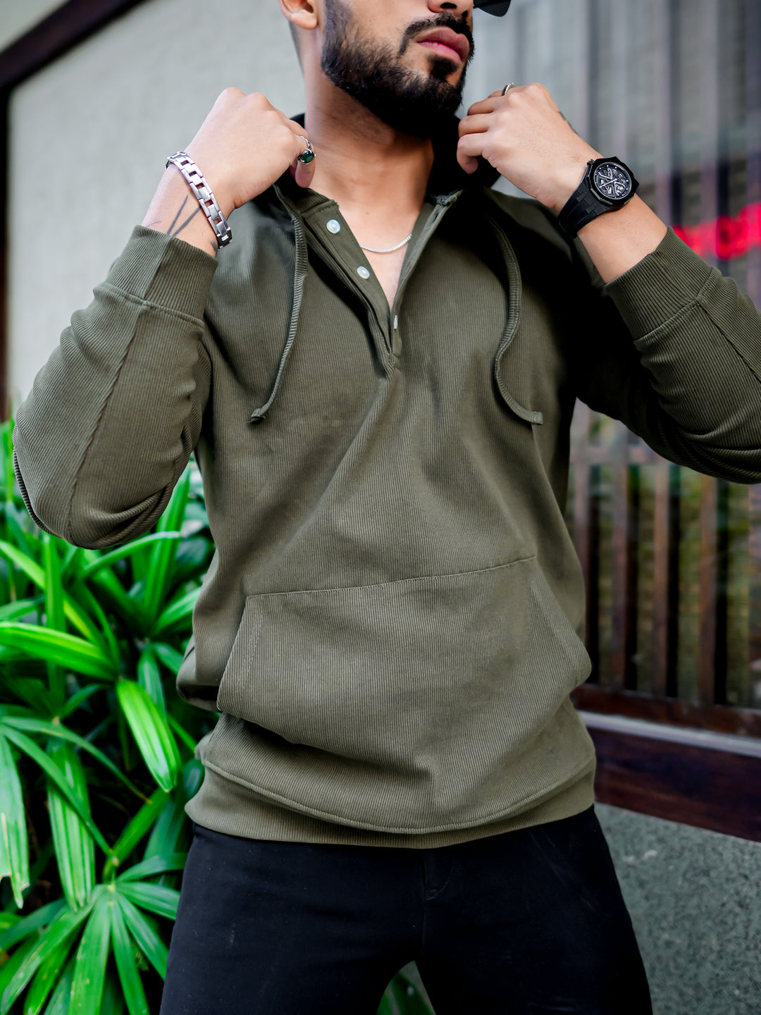 Gritstones Men Olive Hooded Sweatshirt