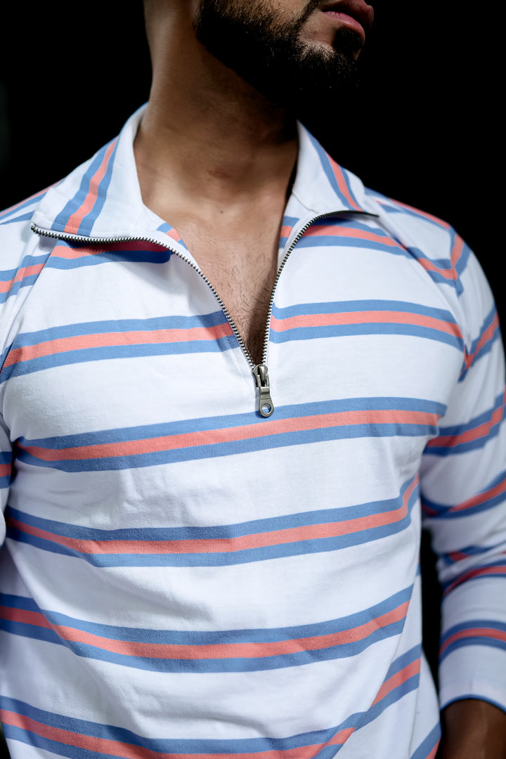 White Self Design Zipper Neck T-Shirt