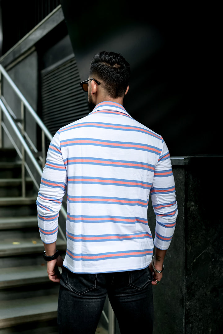 White Self Design Zipper Neck T-Shirt