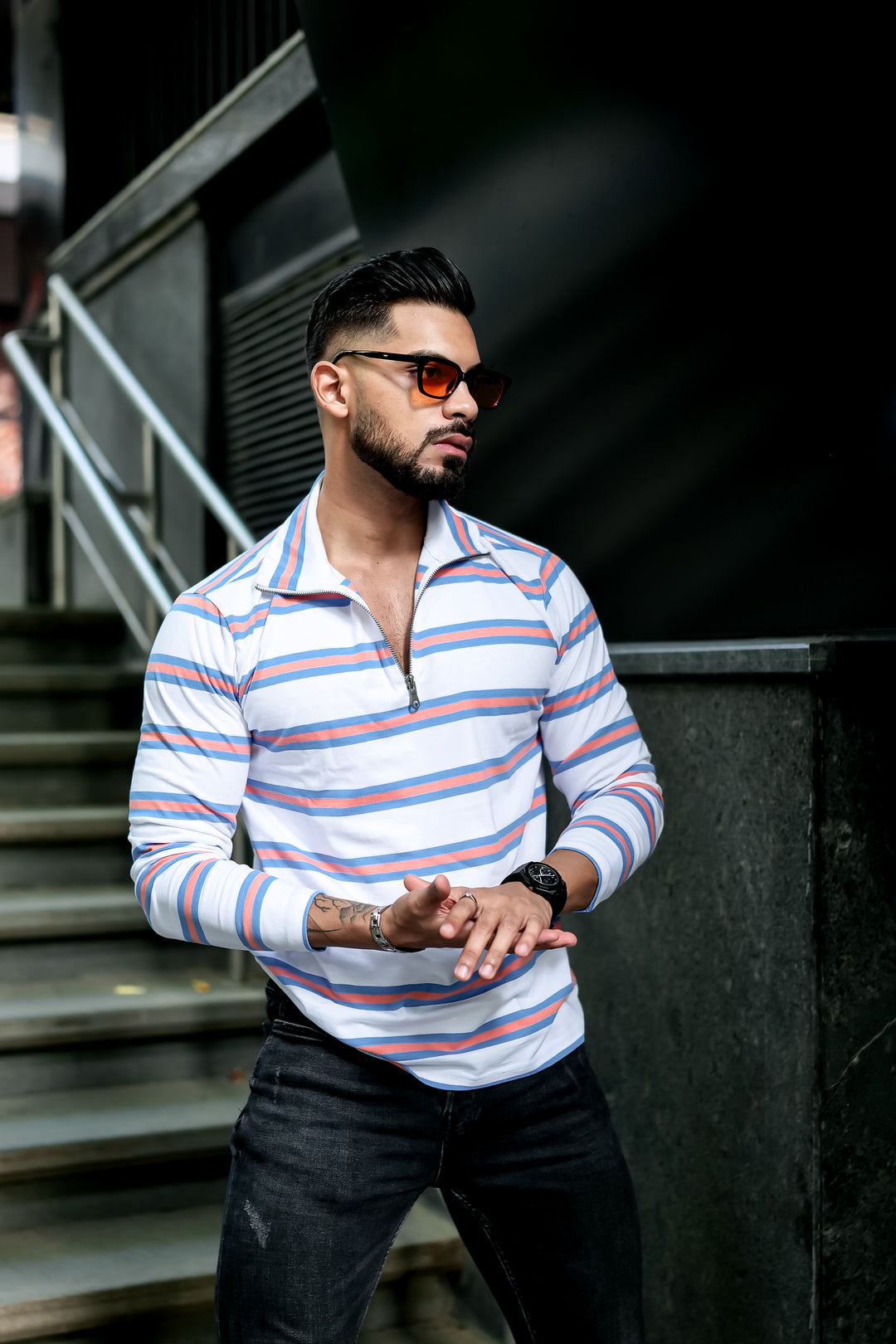 White Self Design Zipper Neck T-Shirt