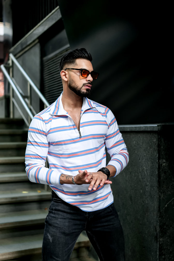 White Self Design Zipper Neck T-Shirt