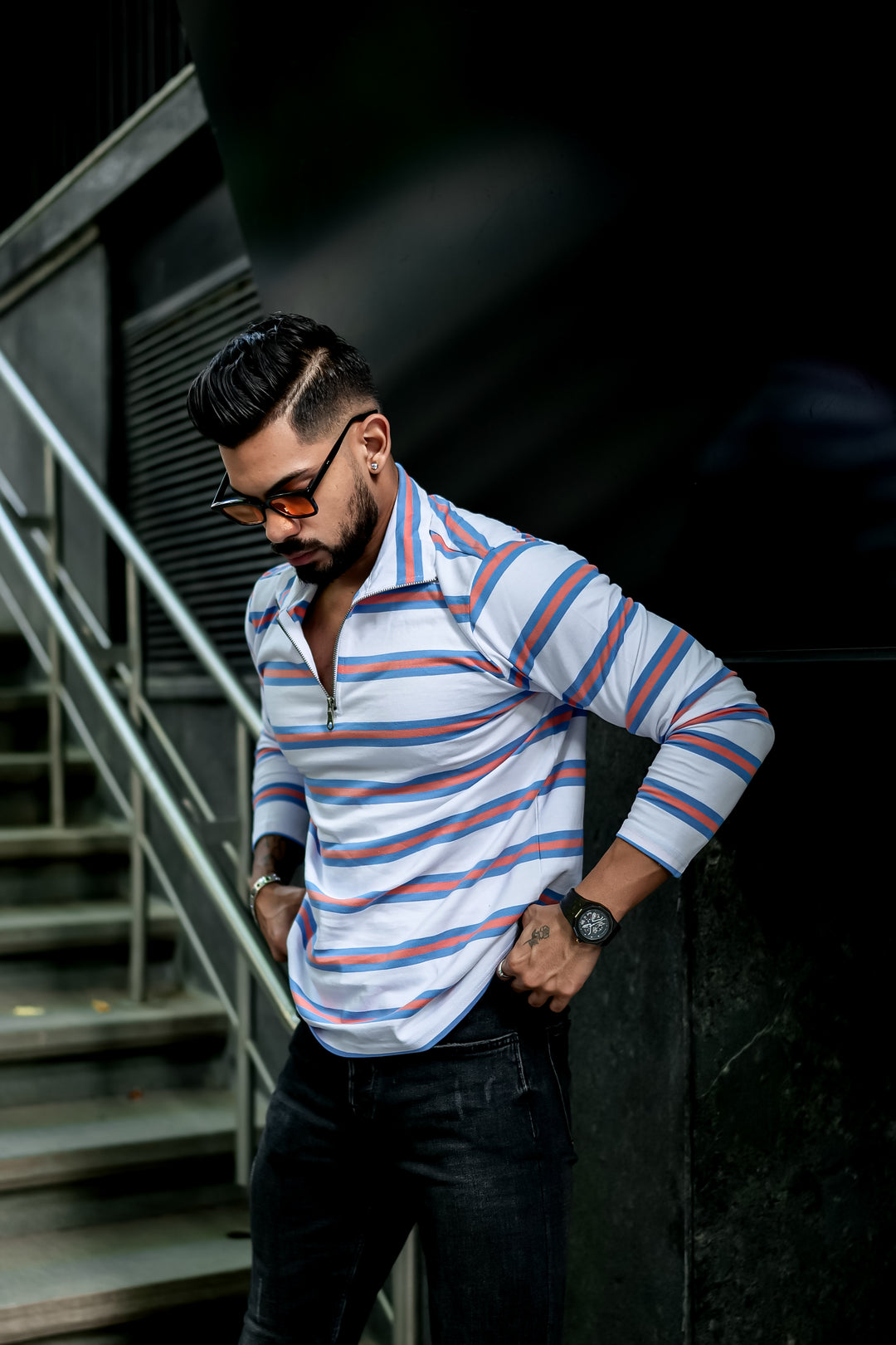 White Self Design Zipper Neck T-Shirt