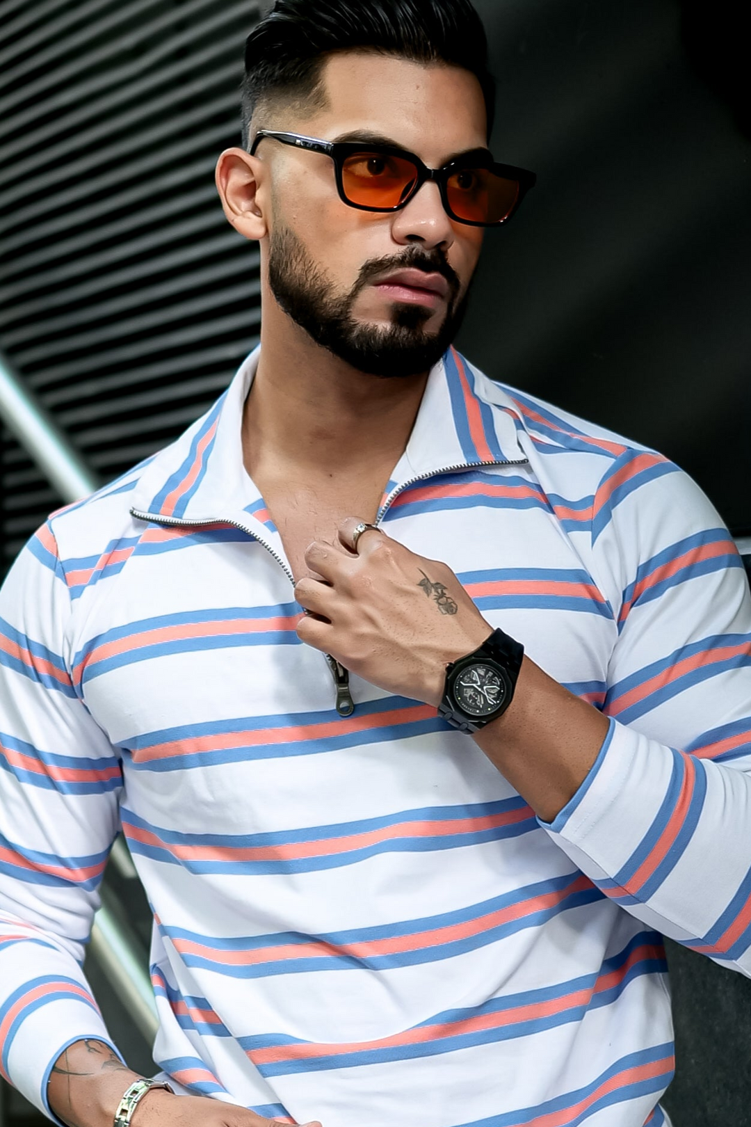 White Self Design Zipper Neck T-Shirt
