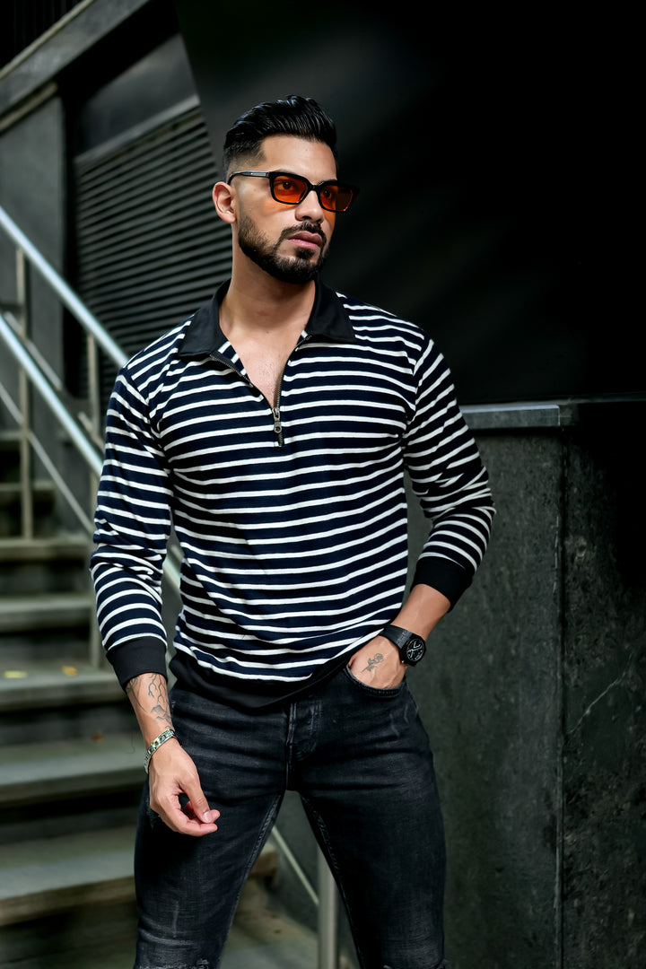 Black Self Design Zipper Neck T-Shirt