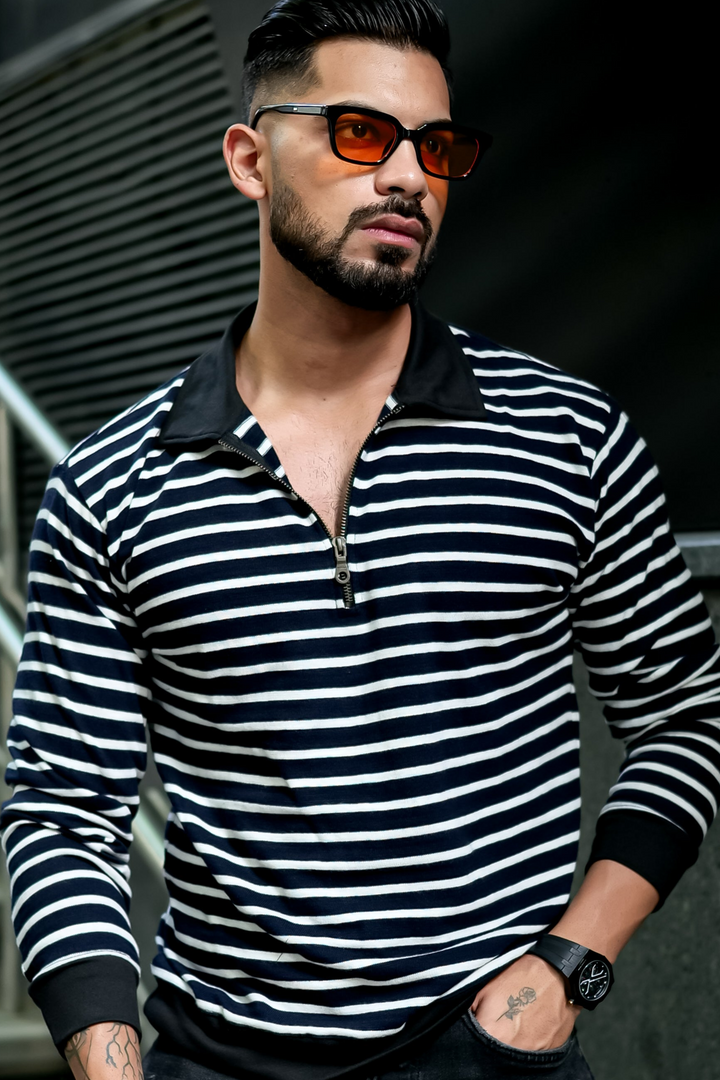 Black Self Design Zipper Neck T-Shirt