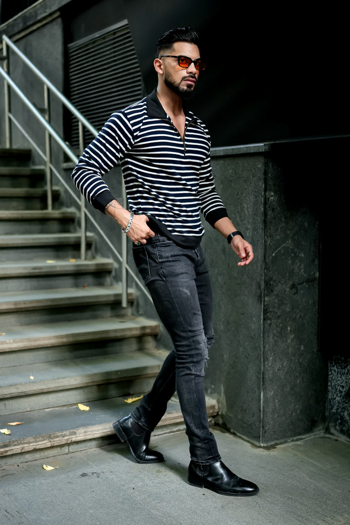 Black Self Design Zipper Neck T-Shirt
