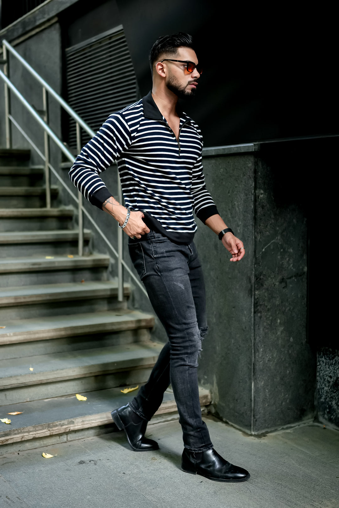 Black Self Design Zipper Neck T-Shirt