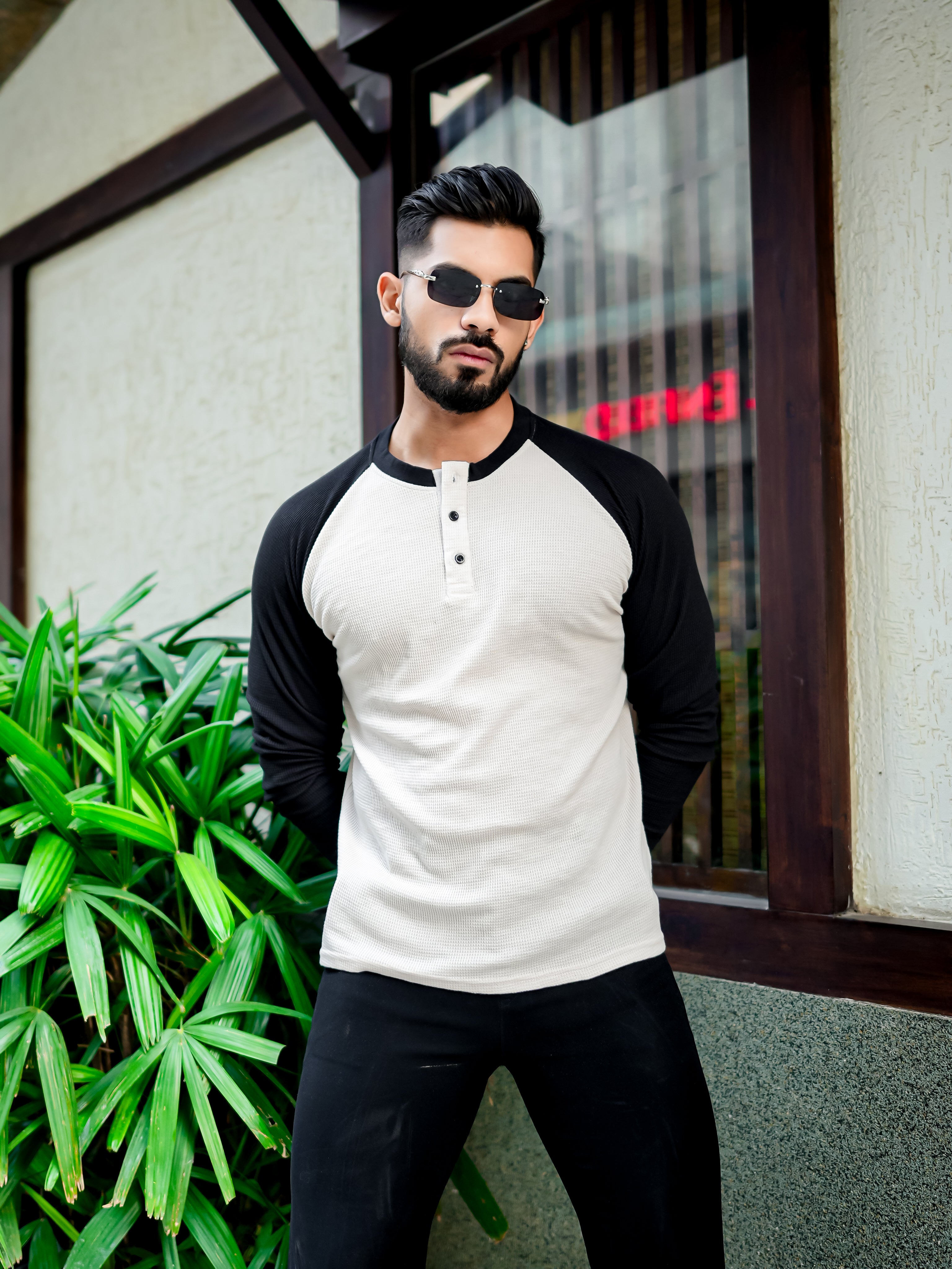 White Black Raglan Full Sleeve Waffle T-Shirt