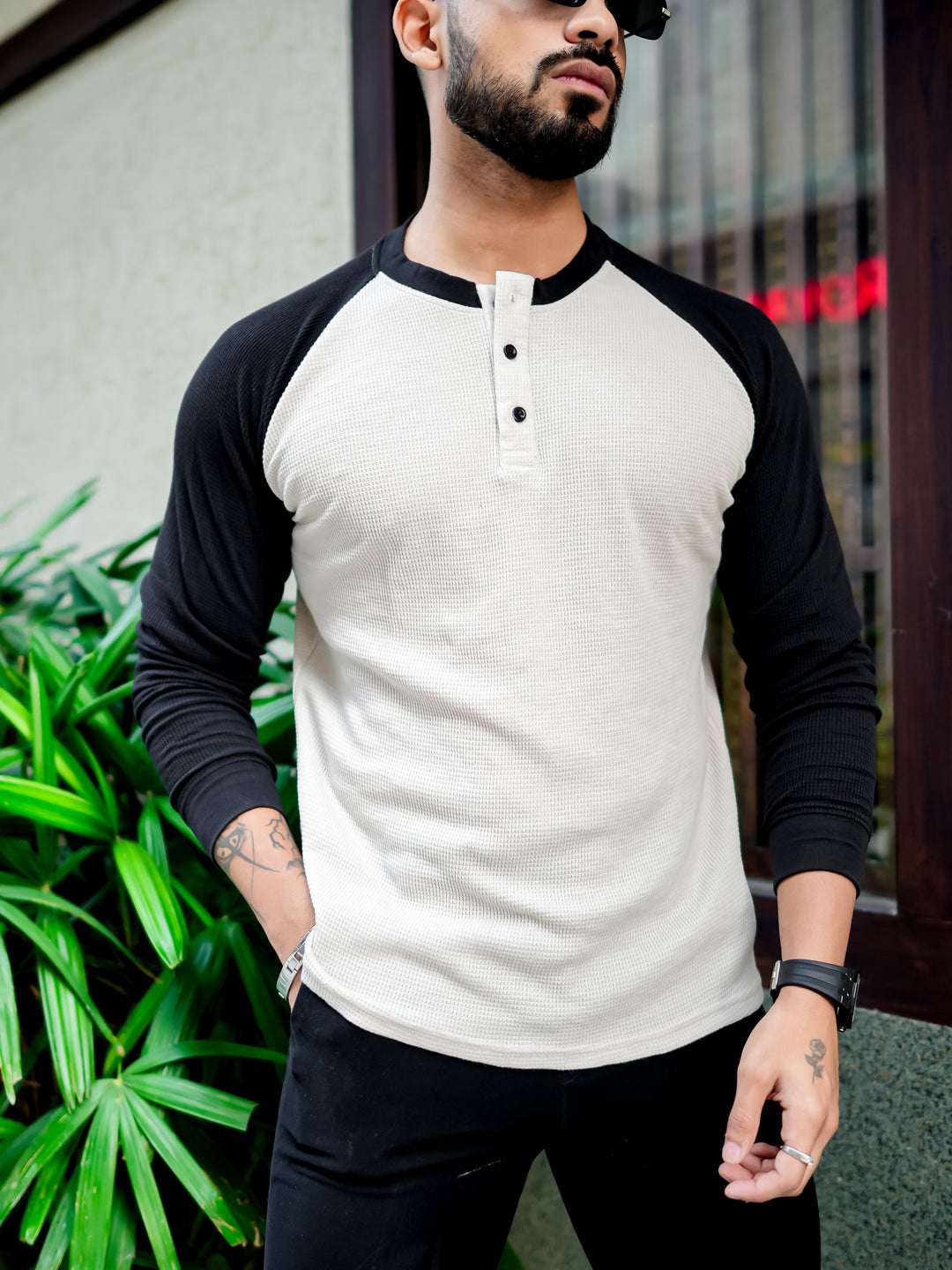White Black Raglan Full Sleeve Waffle T-Shirt