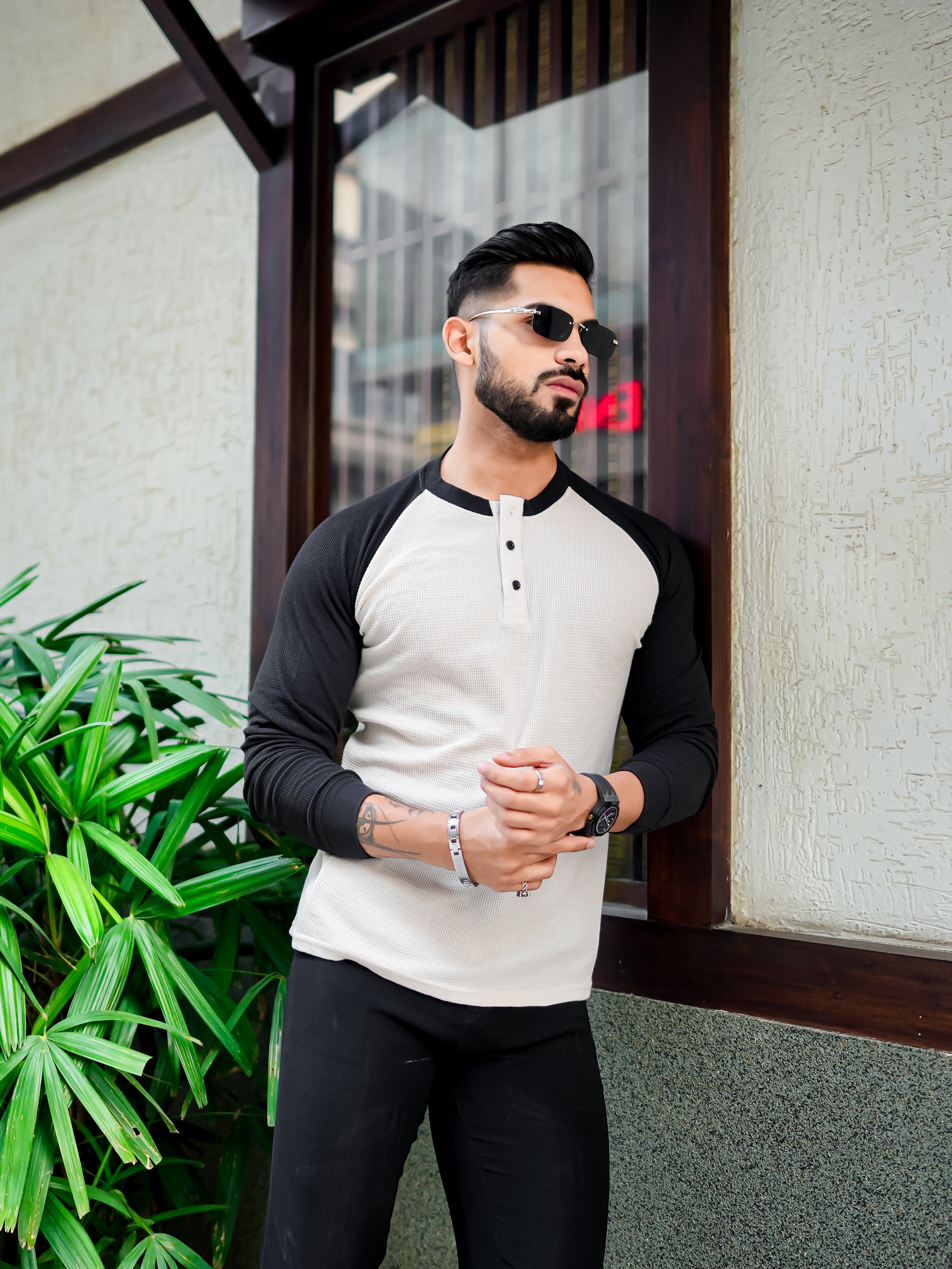 White Black Raglan Full Sleeve Waffle T-Shirt