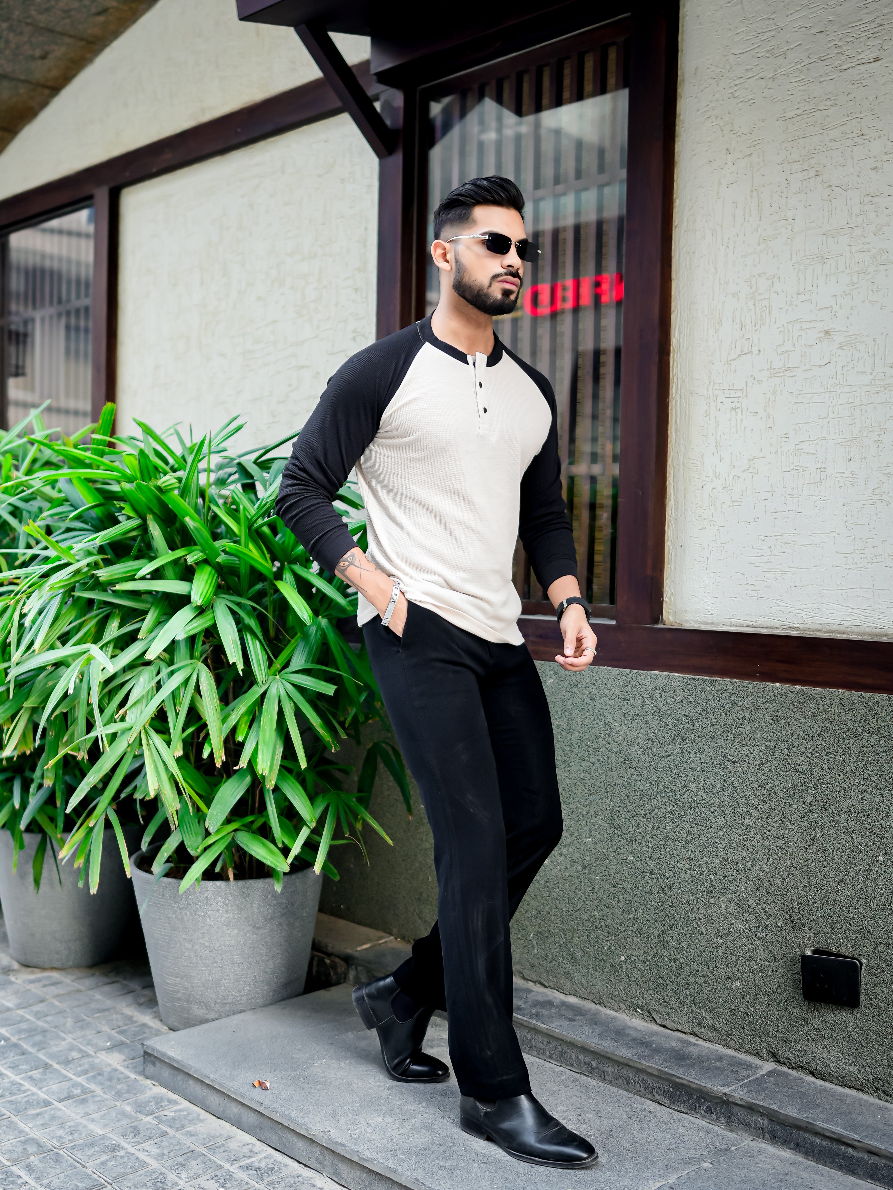 White Black Raglan Full Sleeve Waffle T-Shirt