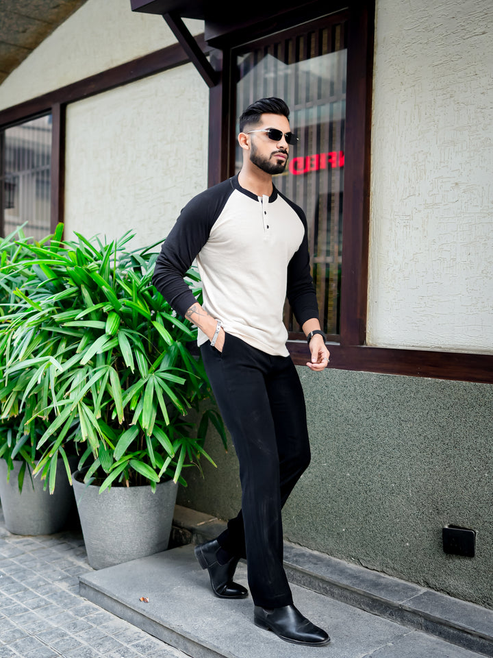 White Black Raglan Full Sleeve Waffle T-Shirt